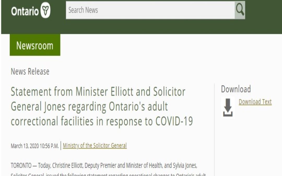 Statement from Minister Elliott and Solicitor General Jones regarding Ontario’s adult correctional facilities in response to COVID-19